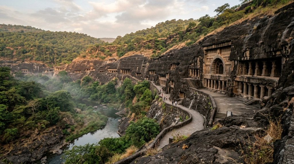Ajanta Caves visiting guide view of rock-cut cave facades along the horseshoe cliff gorge
