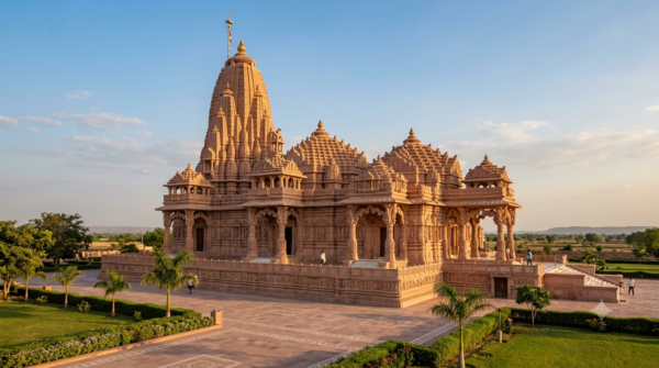Akshardham Temple Gandhinagar Darshan: pink sandstone mandir and carved facade at sunset