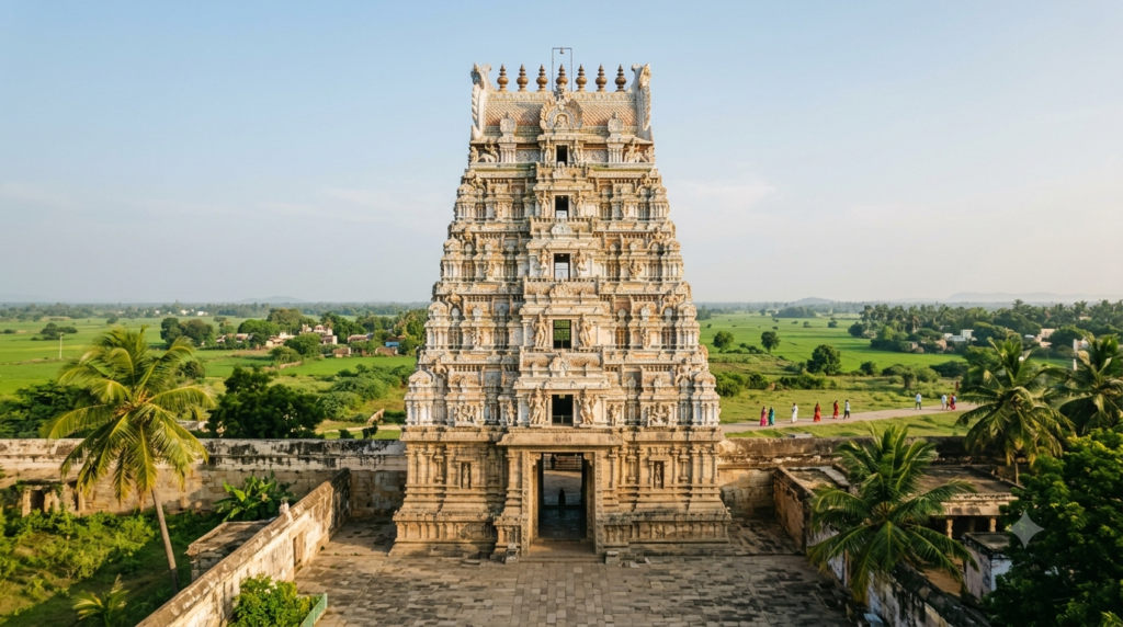 Alangudi temple travel tips: five-tier Dravidian rajagopuram of the Guru Sthalam at dawn near Kumbakonam