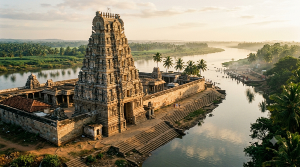 Amaravati Temple Guntur Darshan – gopuram of Sri Amareswara Swamy Temple beside the Krishna River