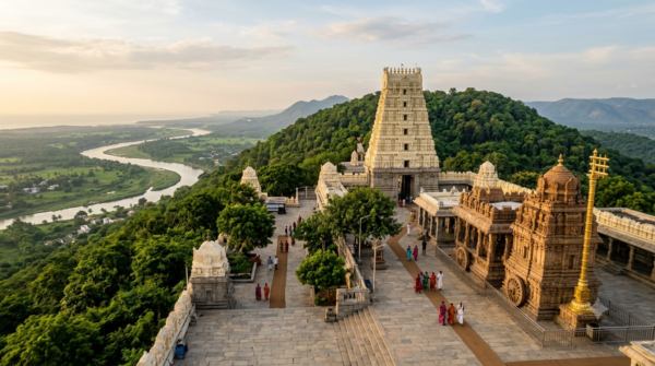 Annavaram Satyanarayana Swamy Temple on Ratnagiri Hill with pilgrims approaching the shrine