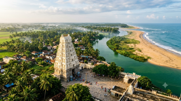 Antarvedi Lakshmi Narasimha Temple gopuram on the shoreline where the Vasishta Godavari River meets the Bay of Bengal sea.