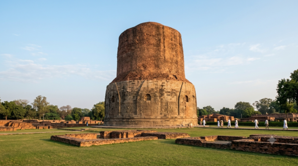 Dhamek Stupa Sarnath visit — tall cylindrical Buddhist stupa above green archaeological ruins near Varanasi