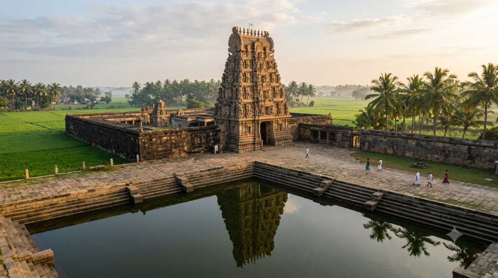 Draksharamam Temple darshan view of the carved gopuram and fort-like stone wall at dawn