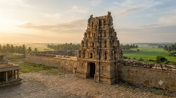 Sri Bhimeswara Swamy Temple gopuram in Draksharamam at dawn during morning darshan