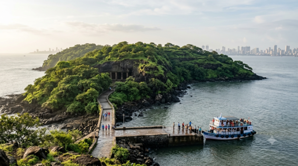 Elephanta Caves Visiting: harbour ferry approaching Gharapuri Island jetty near Mumbai, forested hill