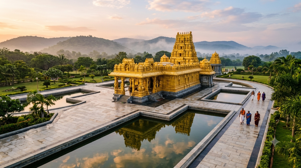 Golden Temple Vellore Darshan — gold-covered Sri Lakshmi Narayani shrine and star-shaped path at dawn