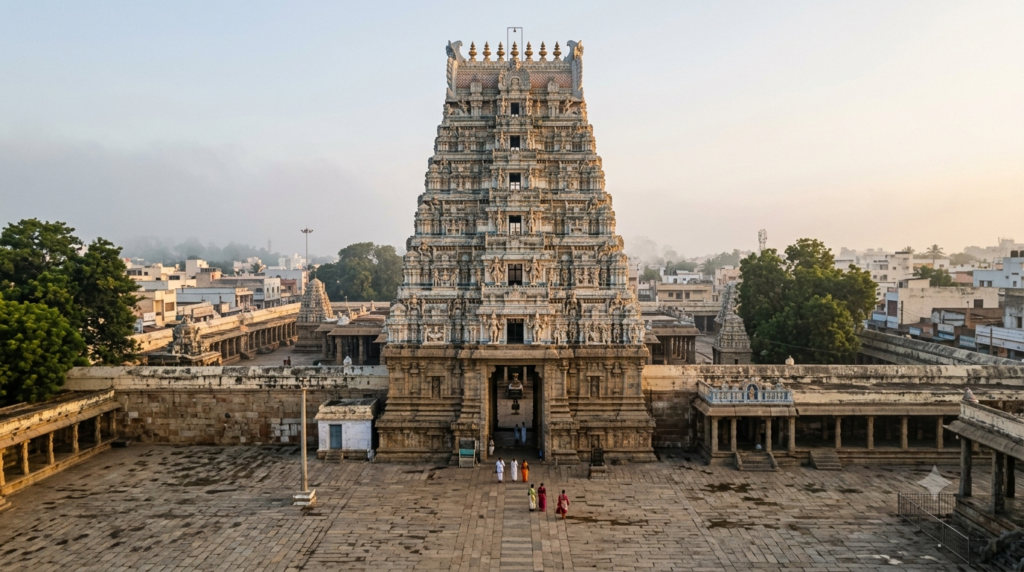 Govindaraja Swamy Temple darshan at dawn: tiered gopuram and courtyard with a few early pilgrims