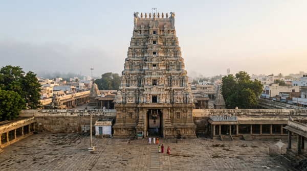 Govindaraja Swamy Temple darshan at dawn: tiered gopuram and courtyard with a few early pilgrims