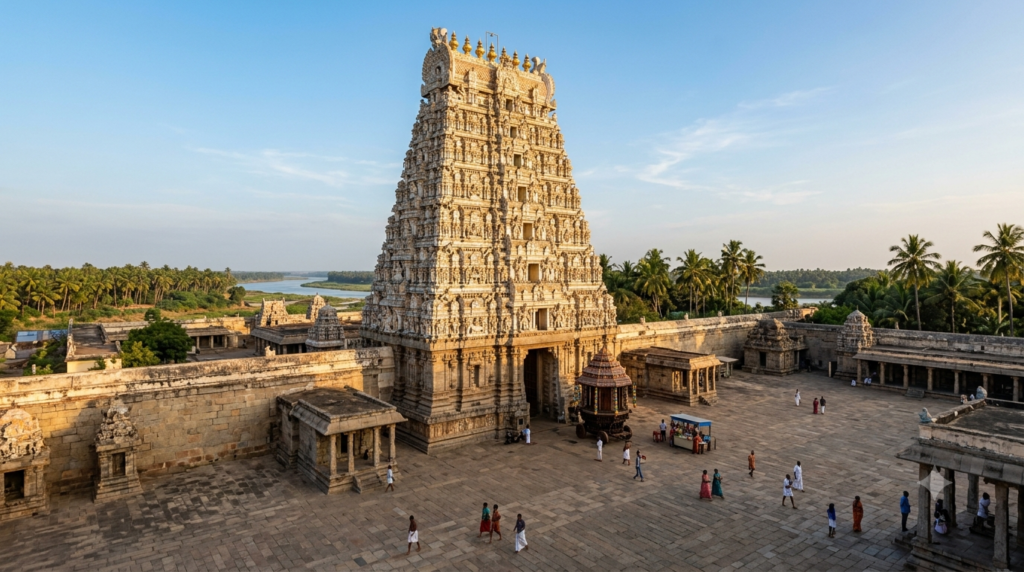 Jambukeswarar Temple darshan – tall carved gopuram entrance at Thiruvanaikaval, Trichy