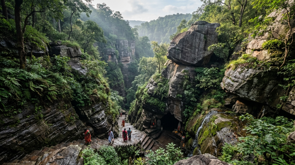 Jatashankar Temple Darshan approach steps and cave ravine in Pachmarhi, Madhya Pradesh