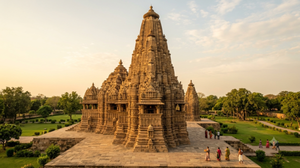 Kandariya Mahadeva Temple Darshan – carved shikhara at sunrise, Khajuraho