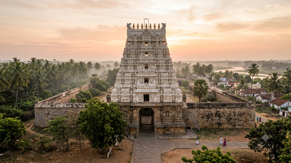Kanjanur Agneeswarar Temple gopuram, the Sukran Navagraha shrine near Kumbakonam