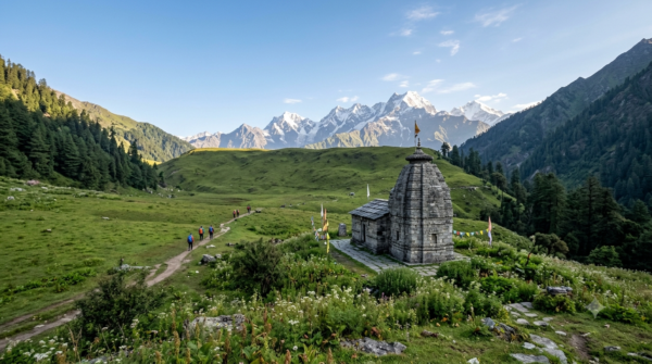 Madhyamaheshwar Temple darshan shrine in an alpine meadow below snow-capped Chaukhamba peaks, Uttarakhand
