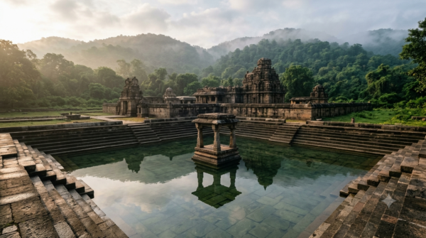 Mahanandi Temple Darshan: stone-stepped Pushkarini tank with central mandapam and clear spring water