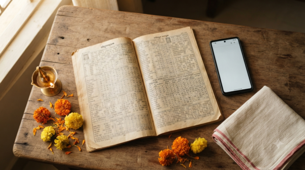 Mulugu Gantala Panchangam PDF – open Telugu almanac and phone showing the panchangam for home planning