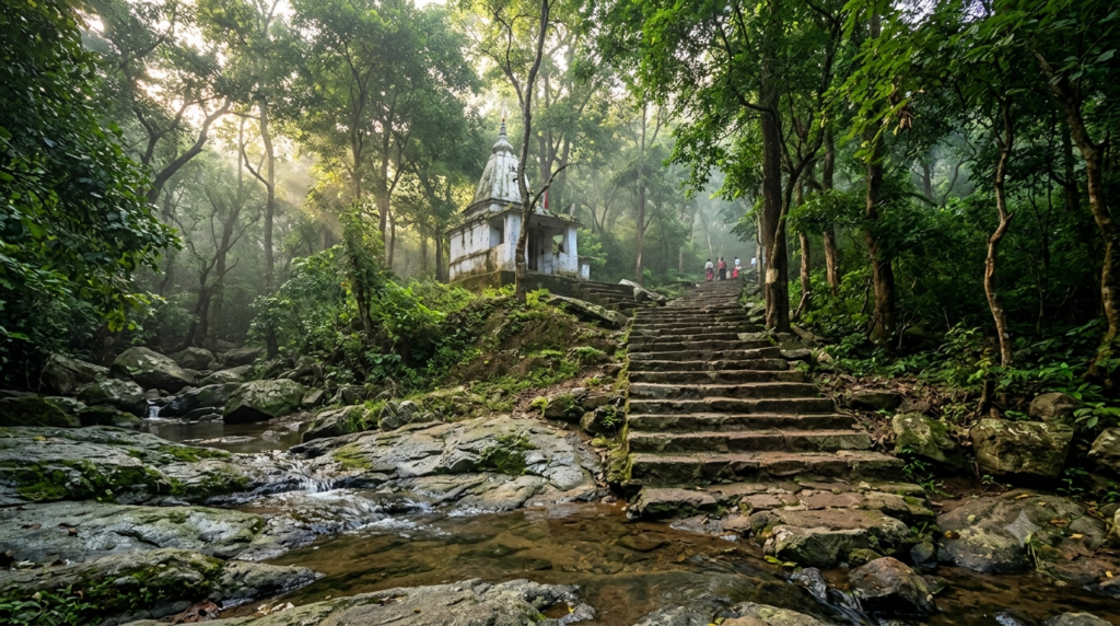 Panchalingeshwar Temple darshan: forested Nilagiri hill shrine and stone steps in Balasore, Odisha