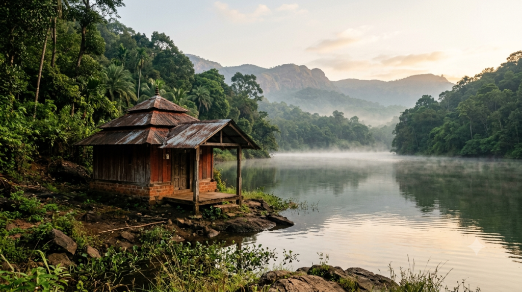 Pisharnath Mahadev Mandir Darshan – old red wood-and-brick Shiva temple beside Charlotte Lake, Matheran