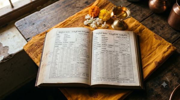 Open Relangi Tangirala Gantala Panchangam Telugu almanac with timing tables and a brass oil lamp