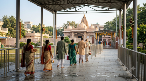 Sheetla Mata Gurugram tickets and darshan guide with devotees near a temple entrance