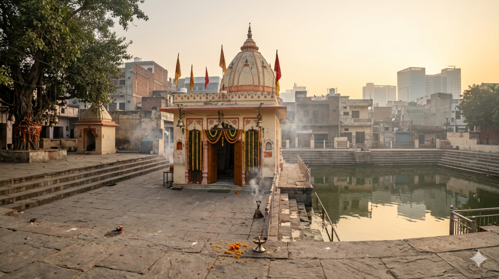 Sheetla Mata Mandir Gurugram main shrine and courtyard with devotees during darshan