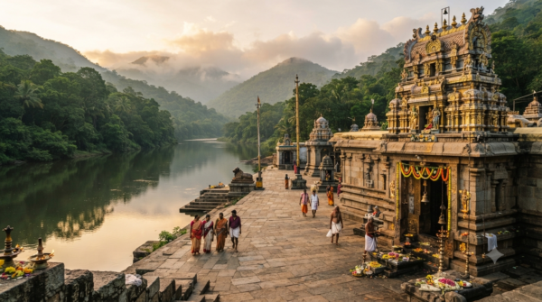 Sringeri Temple sevas — Sri Sharadamba shrine gopuram beside the Tunga river