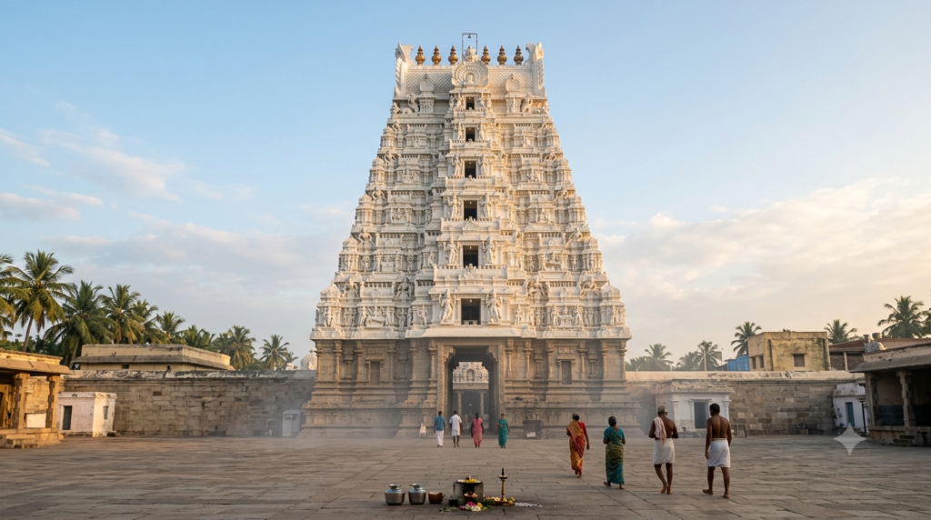 Suchindram Thanumalayan Temple Darshan: towering white seven-tier gopuram at dawn near Kanyakumari