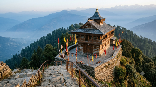 Tara Devi Mandir Shimla kath-kuni hilltop shrine with stone stairway above deodar forest