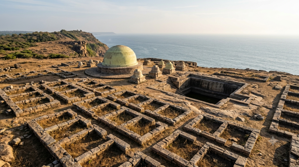 Thotlakonda Buddhist Complex hilltop ruins with domed stupa and stone walls above the Bay of Bengal