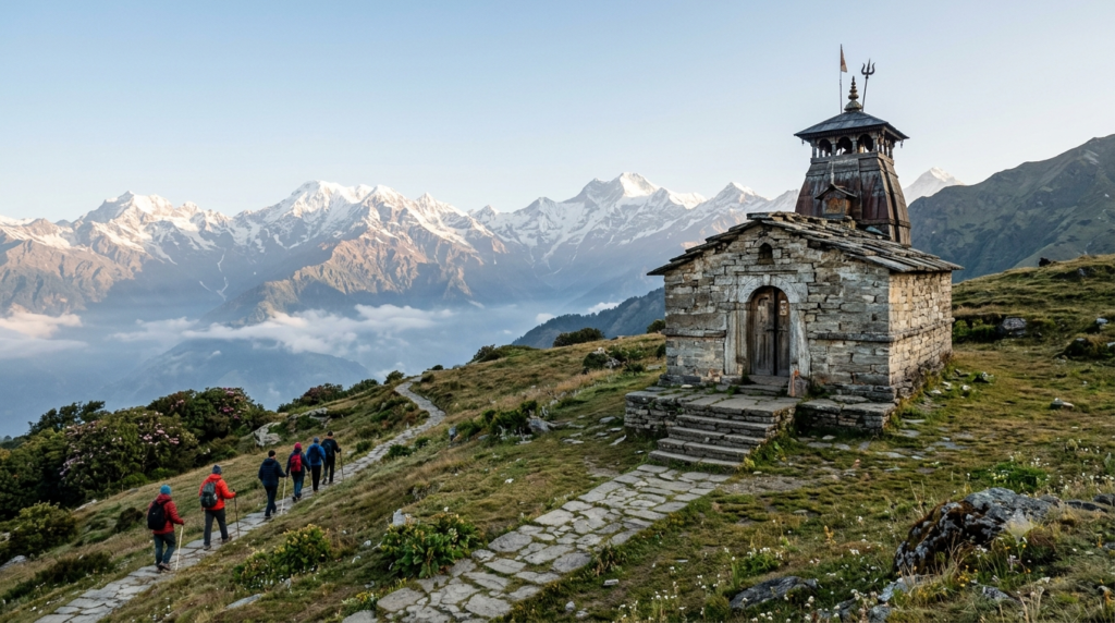 Tungnath Temple darshan: ancient stone Shiva shrine on a Himalayan meadow with snow peaks behind
