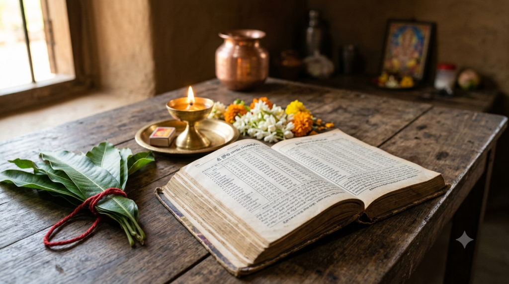 Ugadi Panchangam Sobhakritu 2023-24 Telugu almanac open beside mango leaves and a brass lamp