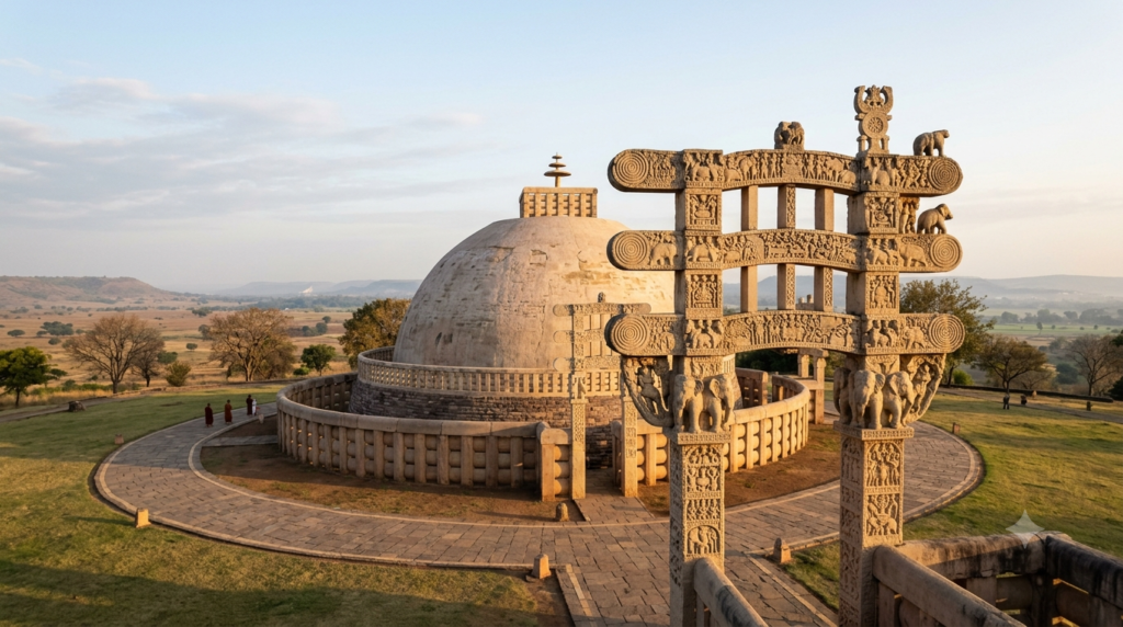 visit Sanchi Stupa – the Great Stupa dome and a carved torana gateway at dawn