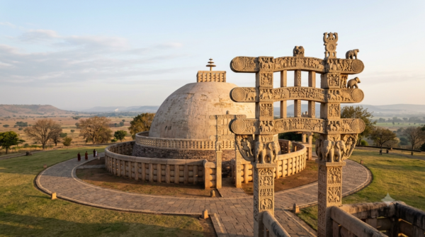 visit Sanchi Stupa – the Great Stupa dome and a carved torana gateway at dawn