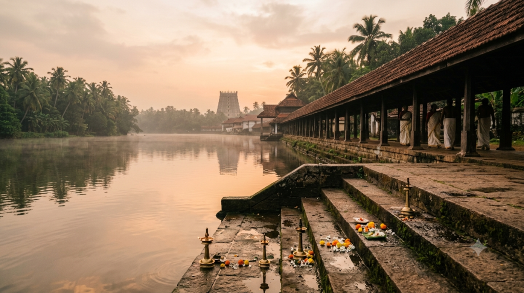 Aranmula Parthasarathy Temple timings guide — Kerala-style gopuram beside the Pamba River at dawn