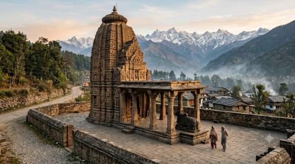 Baijnath Temple darshan at sunrise: carved Nagara shikhara and stone Nandi porch with the Dhauladhar range behind