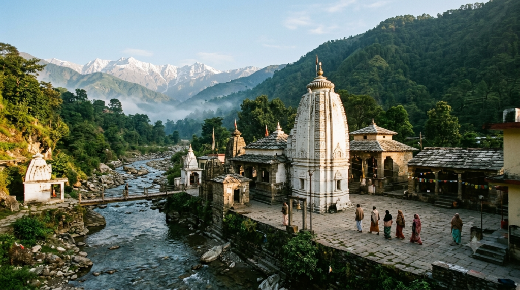 Chamunda Devi Temple in Kangra with the Dhauladhar range rising behind the complex