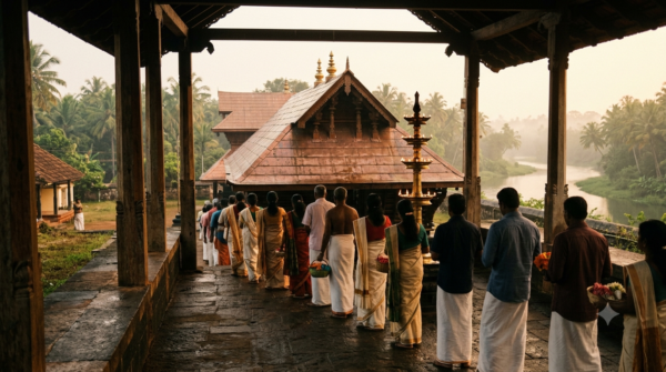 Chengannur Mahadeva Temple Darshan — devotees at the Kerala shrine near the Pamba River at dawn