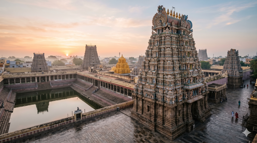 Chidambaram Nataraja Temple timings guide - sculpted gopuram and gold sanctum roof at sunrise