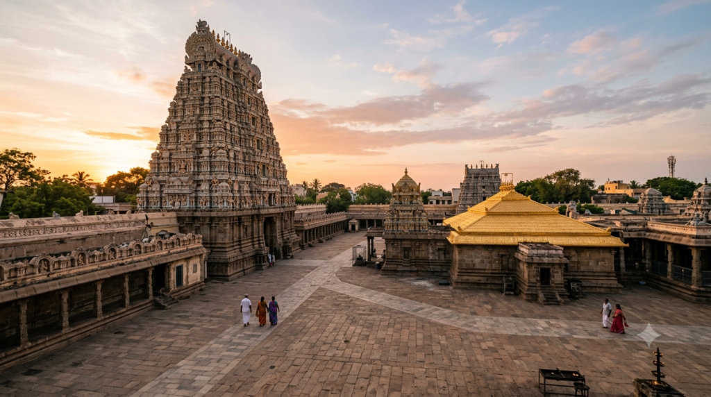 Chidambaram Nataraja Temple timings guide - carved gopuram and gold sanctum roof at sunrise