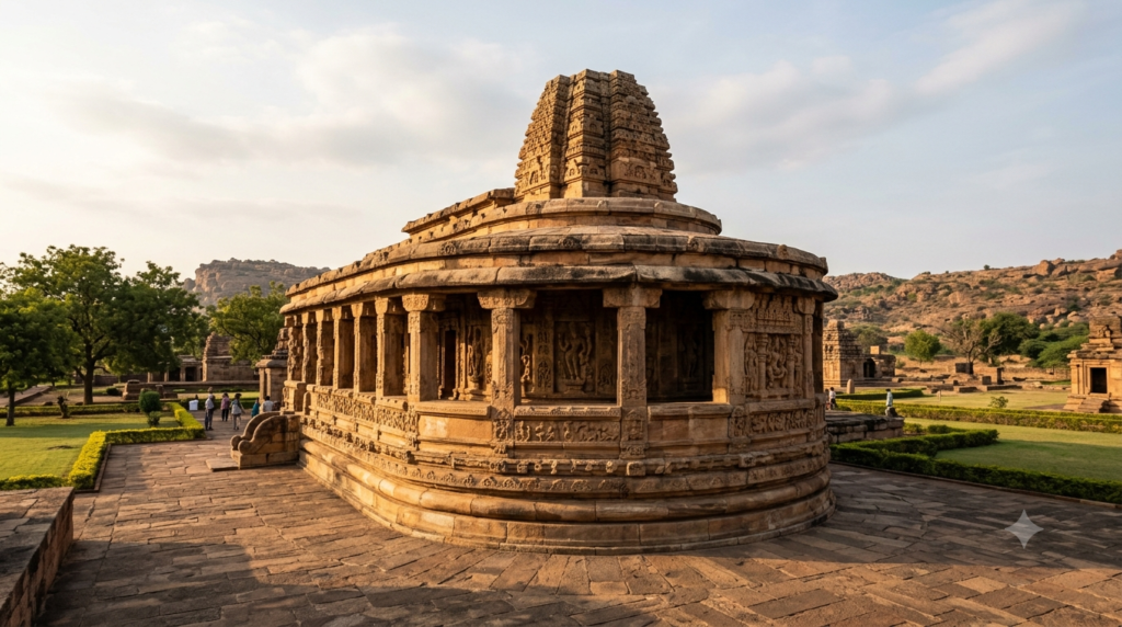 Durga Temple Aihole Darshan – apsidal sandstone monument with pillared colonnade on a raised plinth