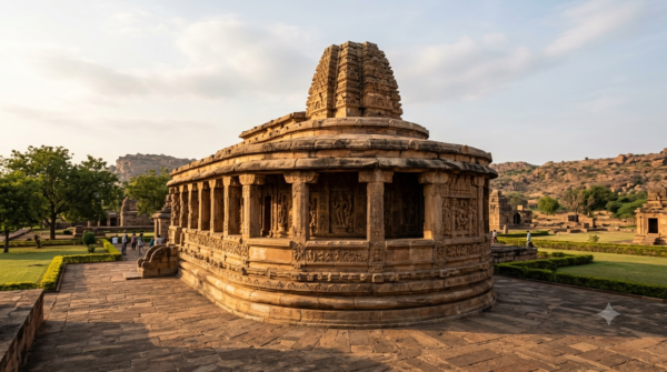 Durga Temple Aihole Darshan – apsidal sandstone monument with pillared colonnade on a raised plinth