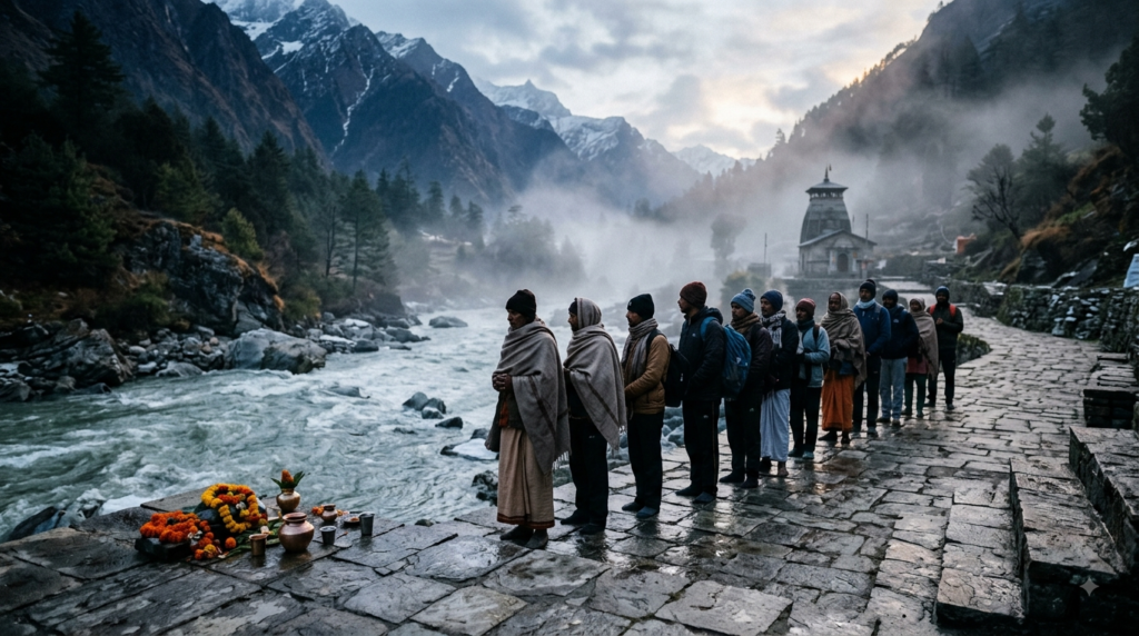 Gangotri Temple Darshan Timings: pilgrims queue at dawn beside the Bhagirathi river in the Garhwal Himalayas