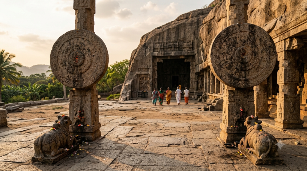 Gavi Gangadhareshwara Temple Darshan cave shrine with the Surya Pana and Chandra Pana stone discs in the forecourt