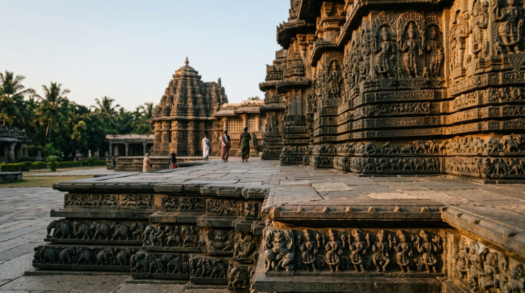 Halebidu temples darshan – Hoysaleswara Temple soapstone carvings at sunrise, a UNESCO World Heritage monument