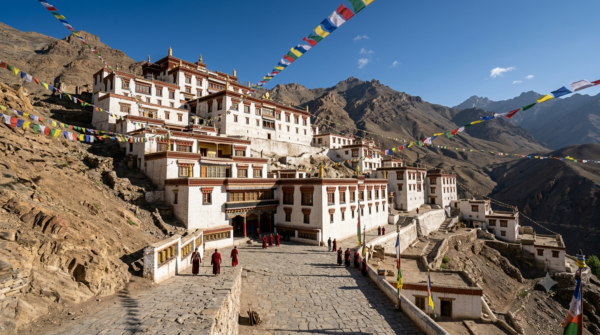 Hemis Monastery Visiting — panoramic view of the whitewashed Ladakh gompa and courtyard set against Himalayan peaks