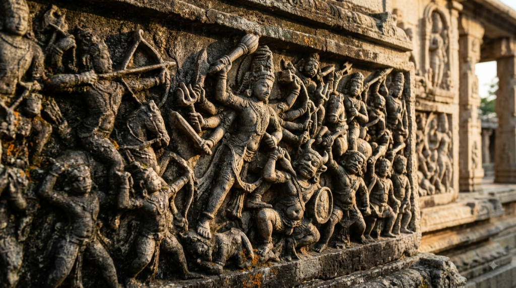 Hindu mythological demons list depicted as asuras battling the devas in a temple stone relief