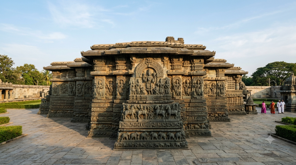 Hoysaleswara Temple Halebidu carved soapstone walls on a raised stone platform