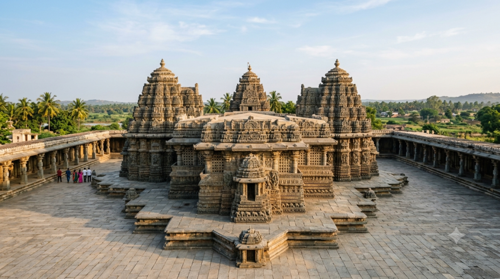 Keshava Temple Somanathapura Darshan: star-shaped Hoysala stone platform and carved friezes near Mysuru
