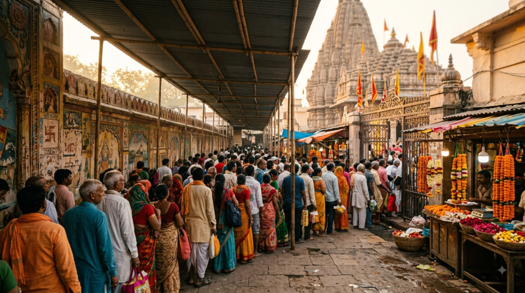 Khajrana Ganesh Darshan Timings queue of devotees at the Indore temple entrance.