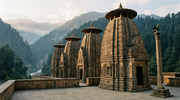 Laxmi Narayan Temple Chamba stone shikhara towers with wooden chhattri roofs and paved courtyard in Himachal Pradesh